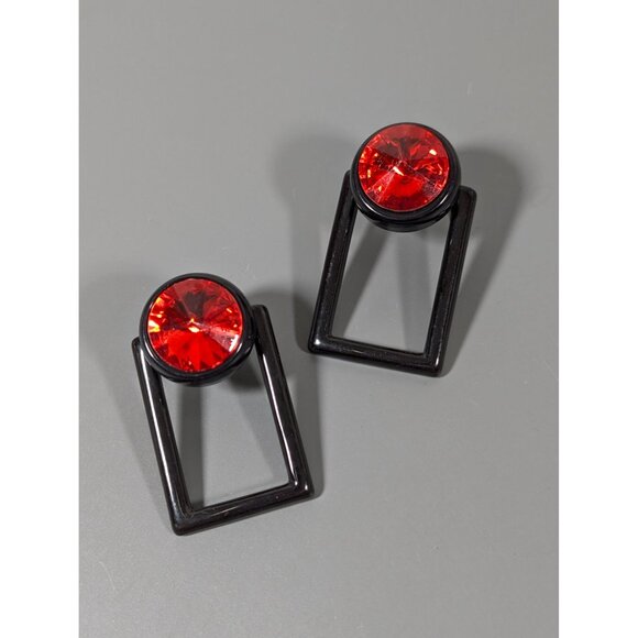 Black Red Geometric Rivoli Rhinestone Drop Earrings Statement Bold 80s - Picture 3 of 9